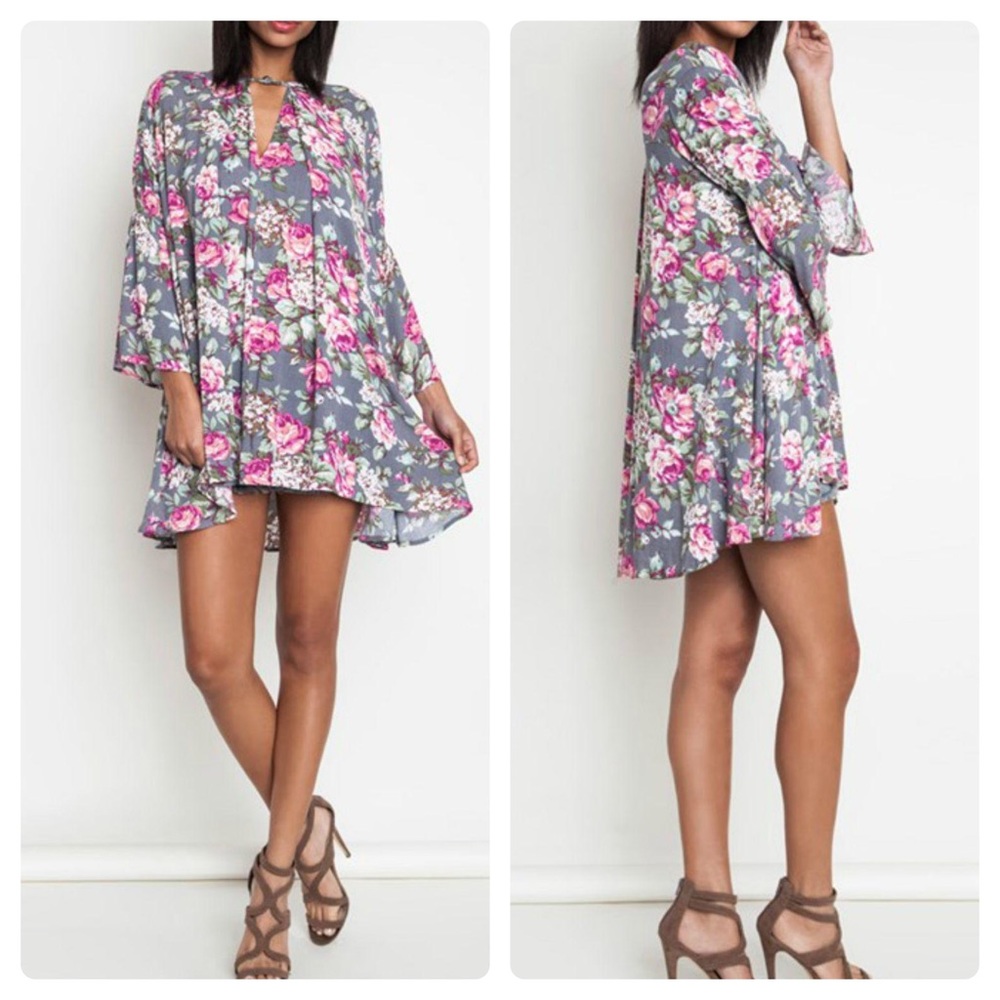 Umgee Gray Floral Trapeze Swing Dress Tunic Boho